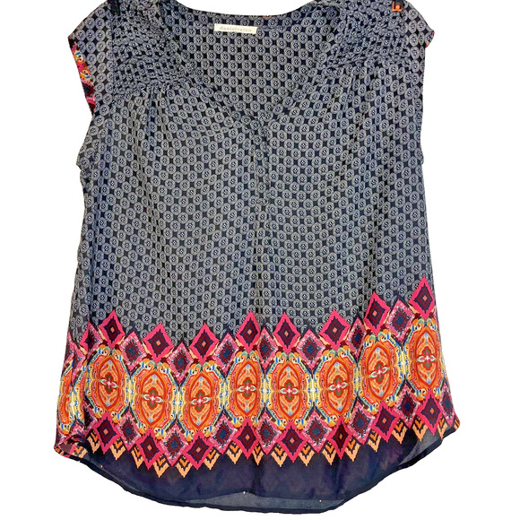 Daniel Rainn Women’s 2X Sleeveless Blouse Black Geo Print Boho Border Hem - Picture 1 of 6